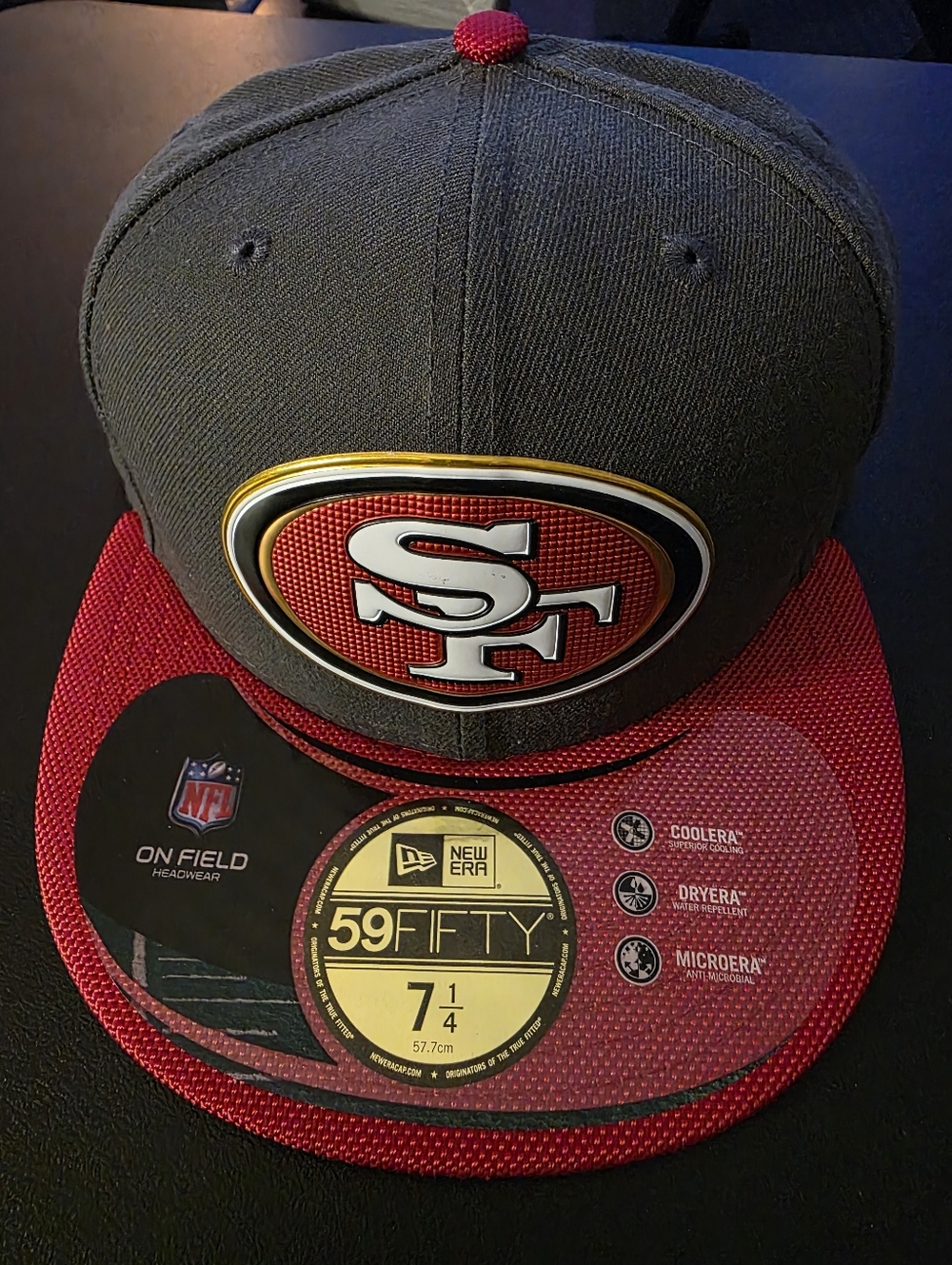 NWT New Era San Francisco 49ers 59FIFTY Fitted Hat - Gray and Red, Size 7 1/4